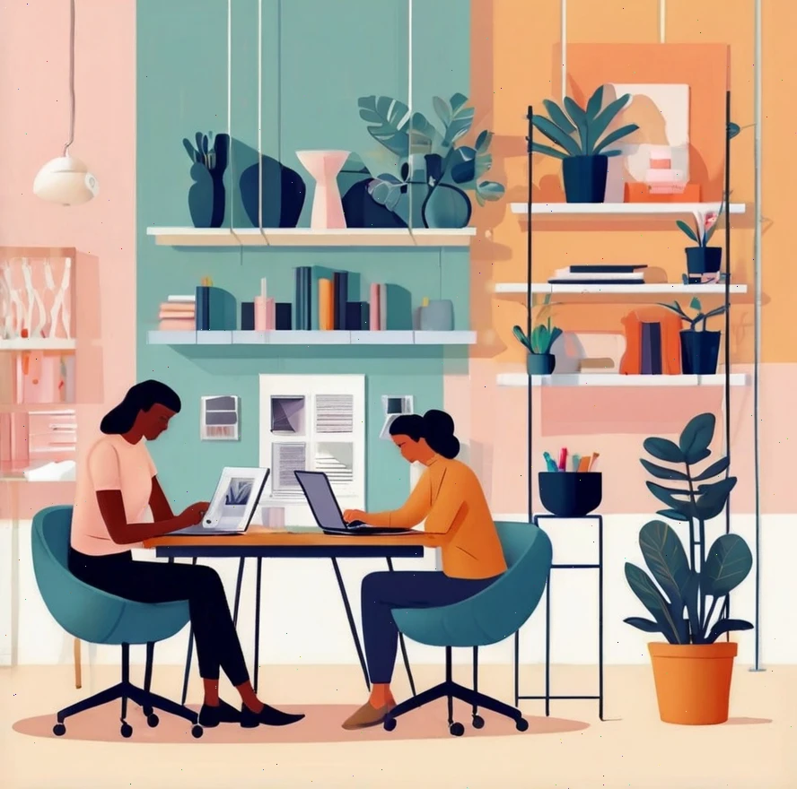 Ilustrácia procesu interiérového dizajnu - laptop, náčrty, farebné palety